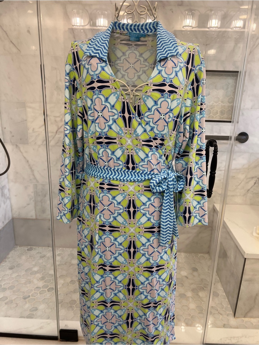 J. McLaughlin Blue Green and Pink Wrap Dress Sz. L EUC